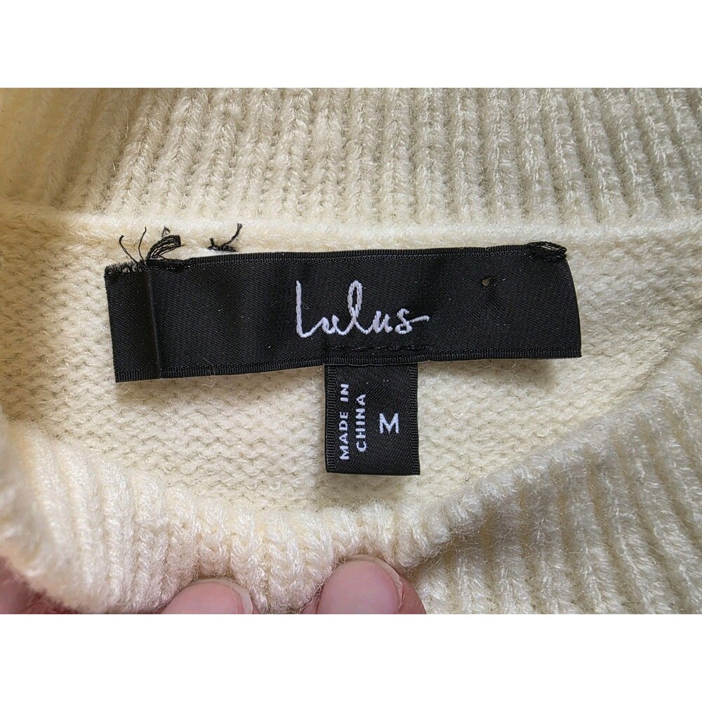 Lulus Bow Sweater Darling Sophistication White Cable Knit Crew Neck Women Medium - Picture 11 of 12